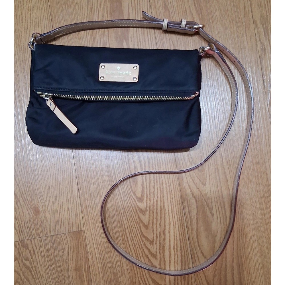 Kate Spade New York Black Nylon Foldover Crossbody Bag Tan Leather Trim